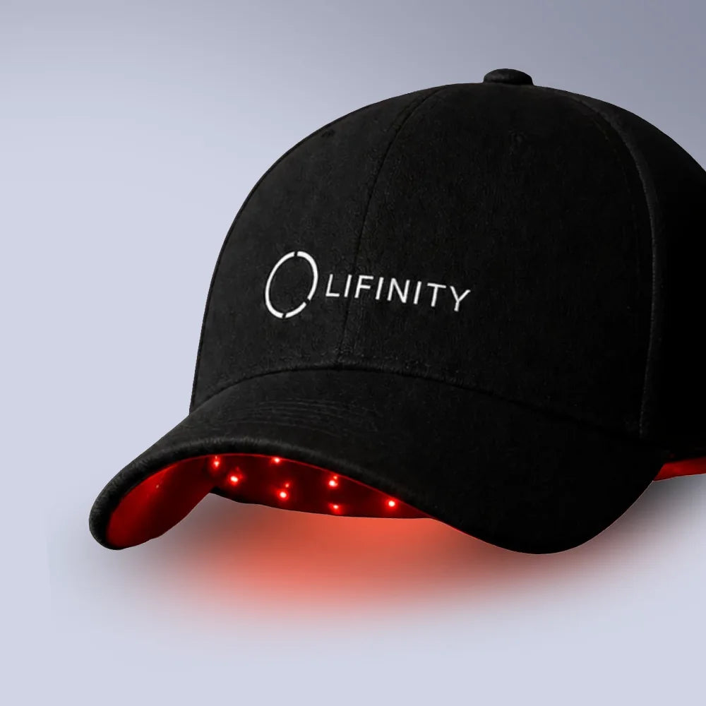 Black cap with 'LIFINITY' logo and LED light on a gray background