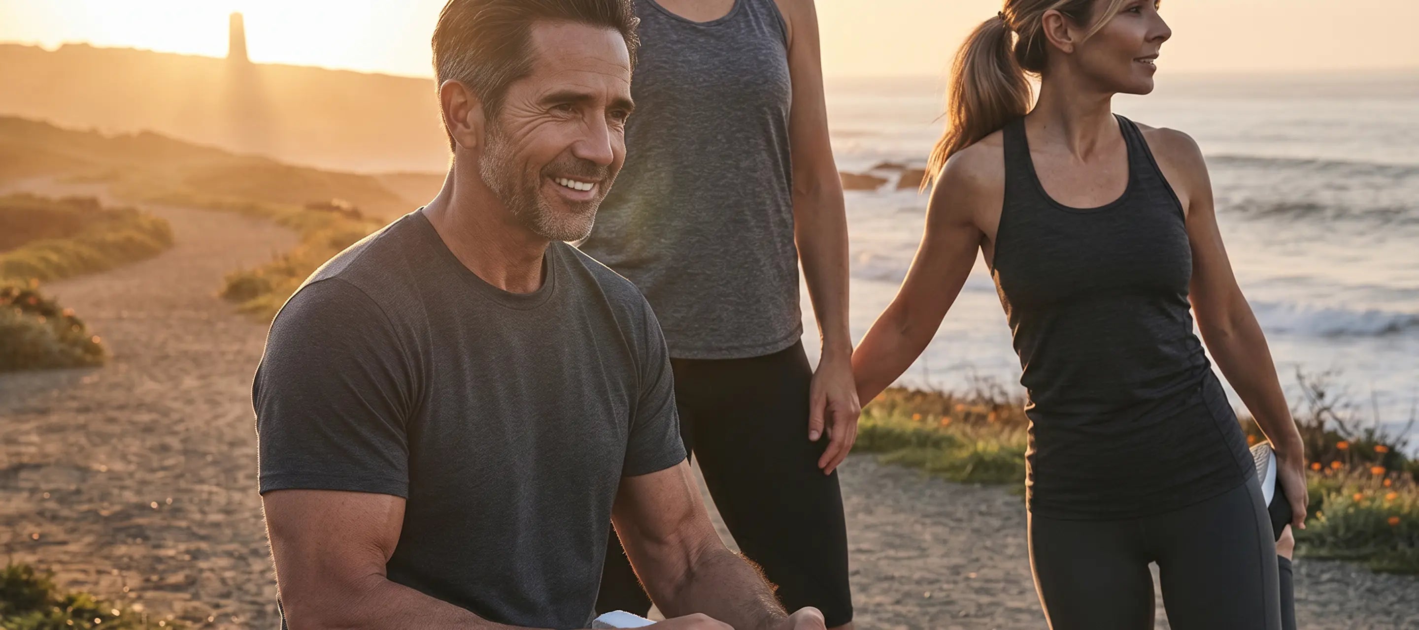 Three people in athletic wear walking along a beach path at sunset, with ocean waves and a lighthouse visible in the background.