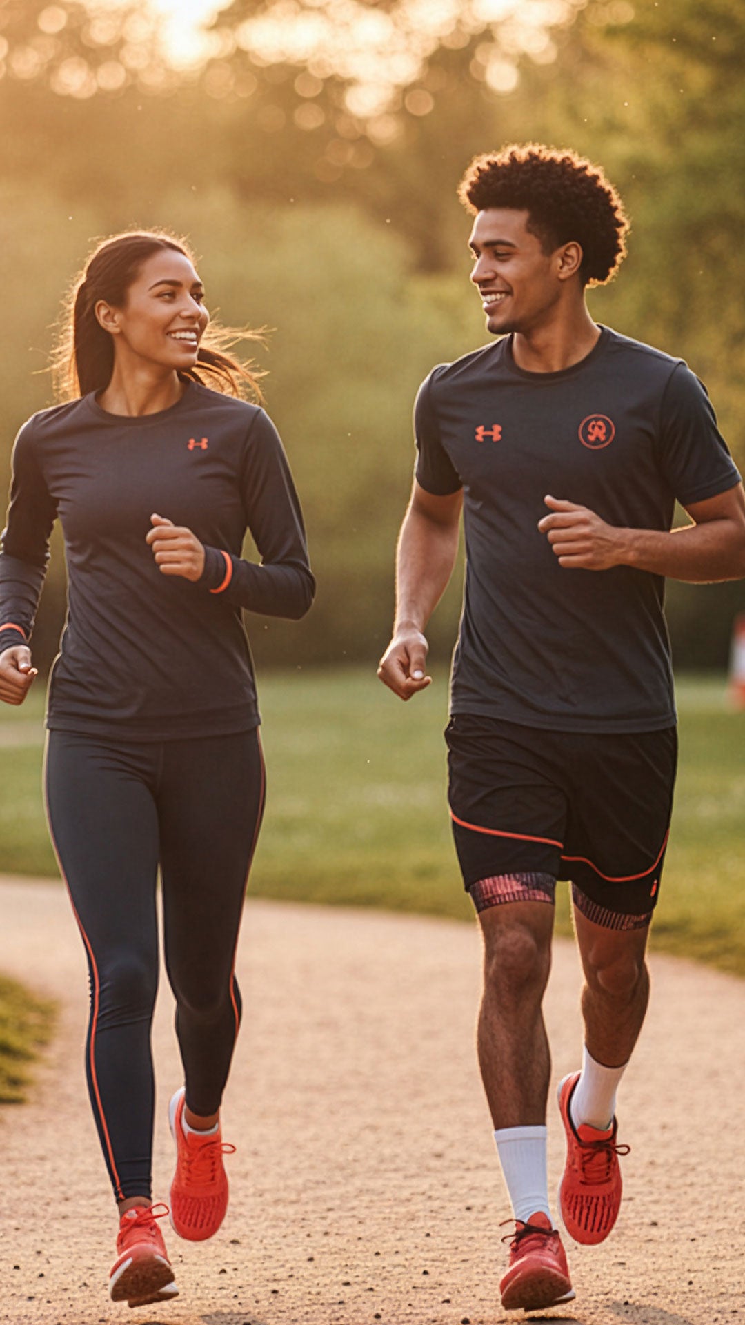 Two people running outdoors on a path with greenery in the background