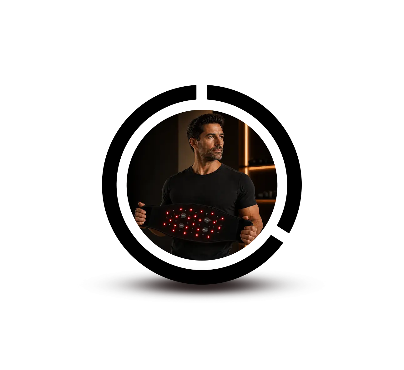 A man wearing a black t-shirt and holding a red LED light LIFINITY therapy waist device, framed within a circular graphic design on a white background.
