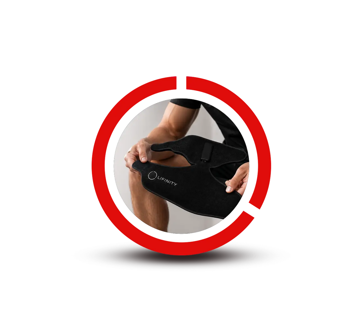 A black thigh support brace with the 'LIFINITY' logo, being worn by a person whose legs and arms are visible inside a red circular graphic overlay on a white background.
